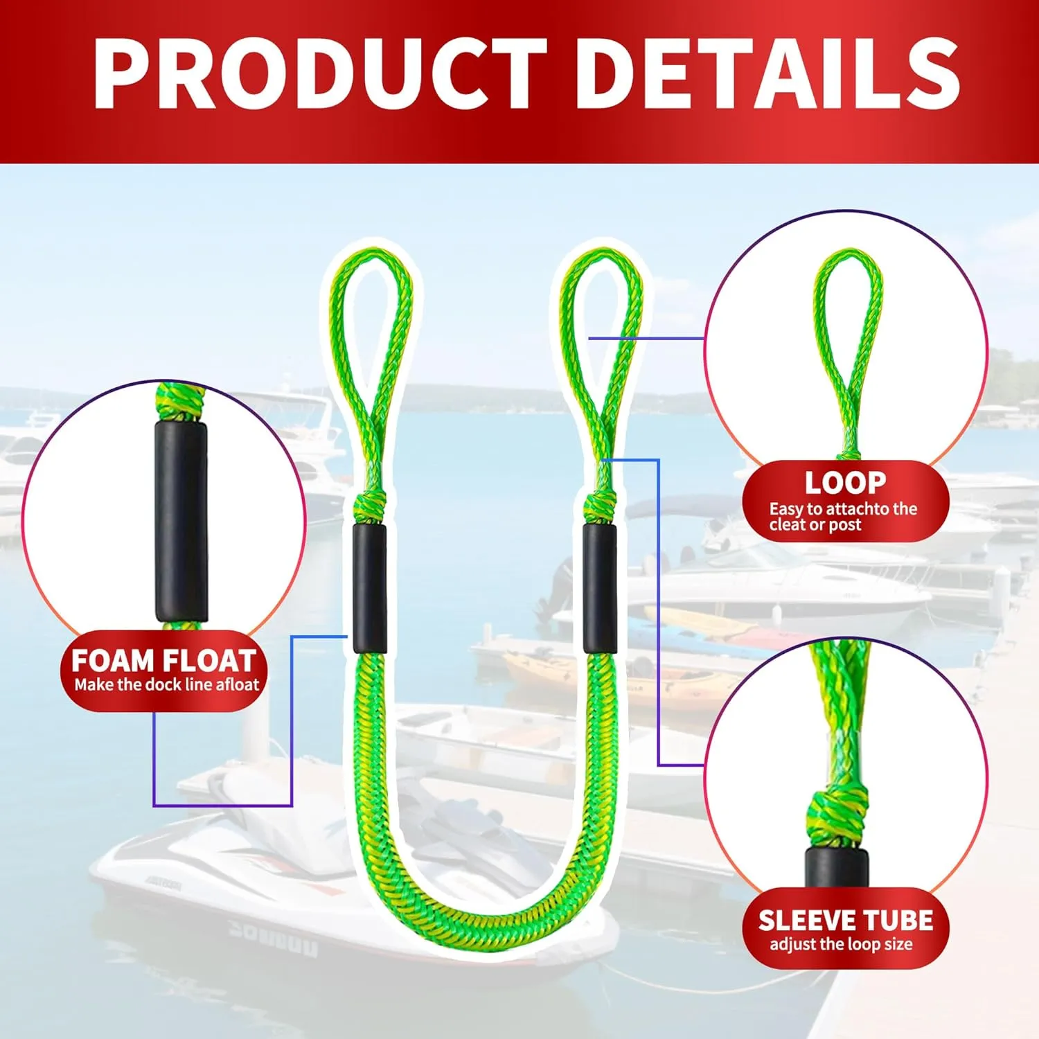 Bungee Dock Line,Boat Rope Stretchable Docking String with Foam Float for Pontoon Boat,Jet ski, seadoo,WaveRunner,Kayak,Boating Gifts for Men,2pack,4-5.5FT (Yellow&Green)
