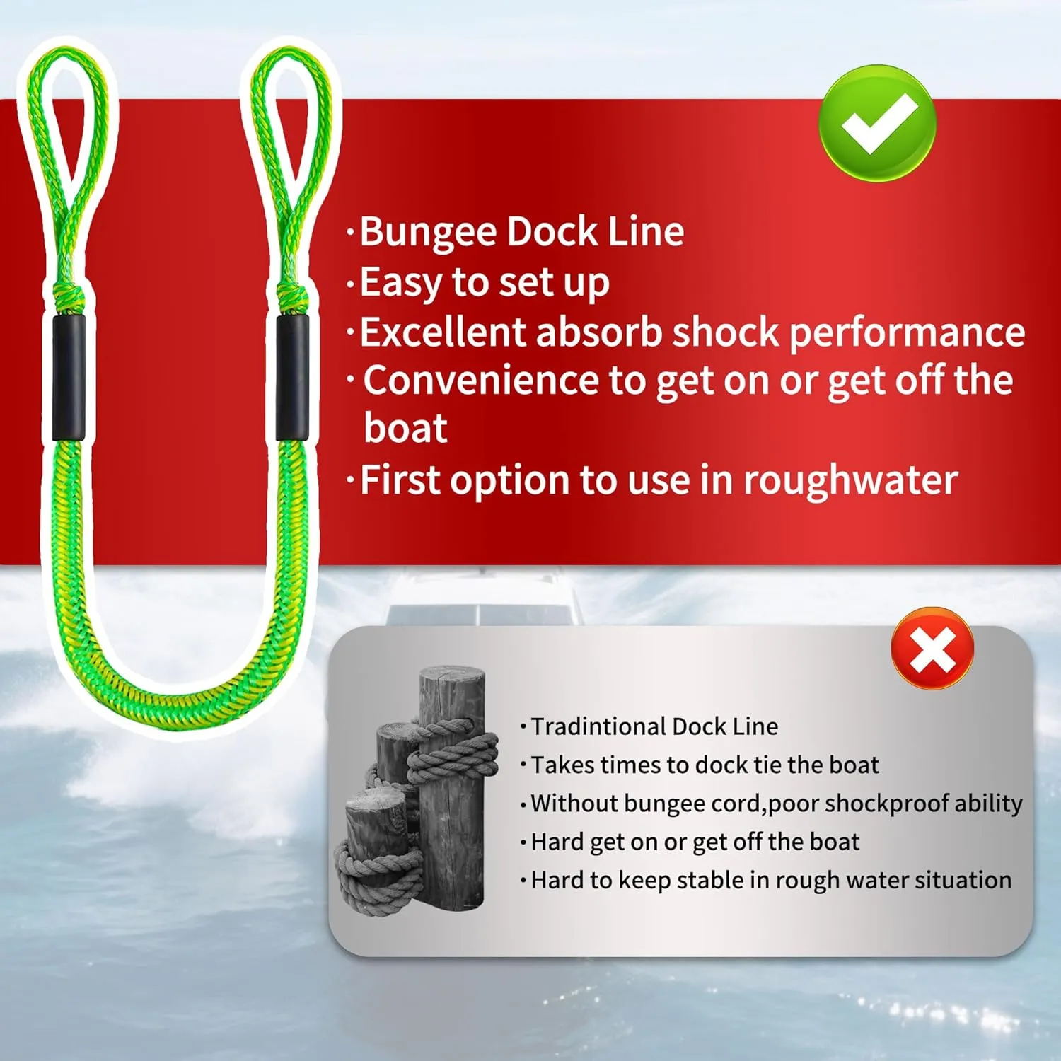 Bungee Dock Line,Boat Rope Stretchable Docking String with Foam Float for Pontoon Boat,Jet ski, seadoo,WaveRunner,Kayak,Boating Gifts for Men,2pack,4-5.5FT (Yellow&Green)