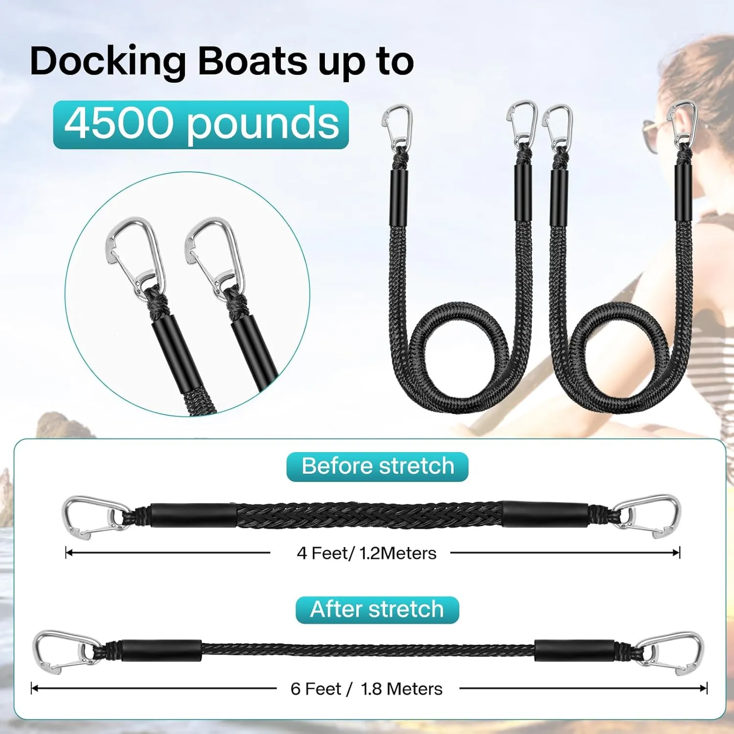 Bungee Dock Lines, 4 Feet Bungee Shock Cords Bungee Docking Rope Mooring Rope for Boat,PWC,Jet ski,Pontoon,Kayak,Canoe,Power Boat,Watercraft (Black Double Hooks)