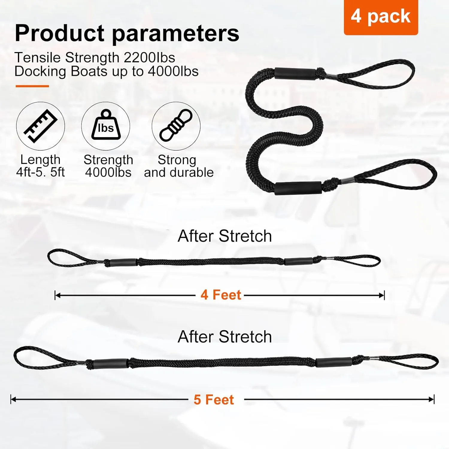 Bungee Dock Lines, 4 Feet Bungee Shock Cords Bungee Docking Rope Mooring Rope for Boat,PWC,Jet ski,Pontoon,Kayak,Canoe,Power Boat,Watercraft