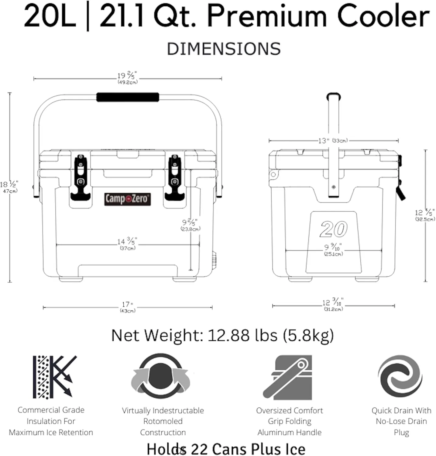 CAMP-ZERO 21 Quart Rotomolded Hard Cooler - Insulated Ice Chest with 4 Cup Holders - Bear-Proof Travel Ice Box for Beverage, Drink, BBQ, Fishing, Camping, Outdoor