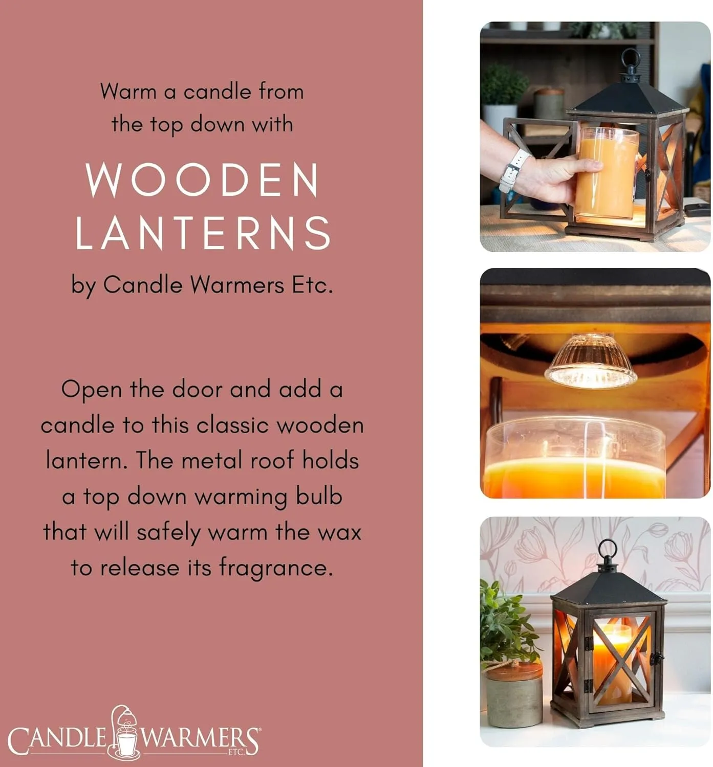 Candle Warmers Etc. Wooden Farmhouse Lantern for Top-Down Candle Melting (Weathered Espresso) – Flame-Free Fragrance in Minutes, Longer-Lasting Candles