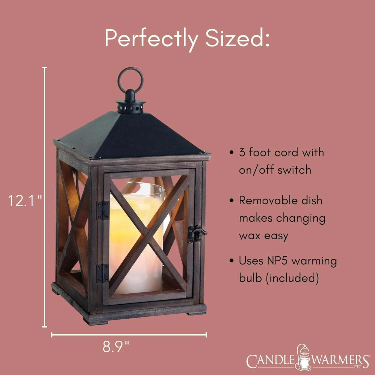 Candle Warmers Etc. Wooden Farmhouse Lantern for Top-Down Candle Melting (Weathered Espresso) – Flame-Free Fragrance in Minutes, Longer-Lasting Candles
