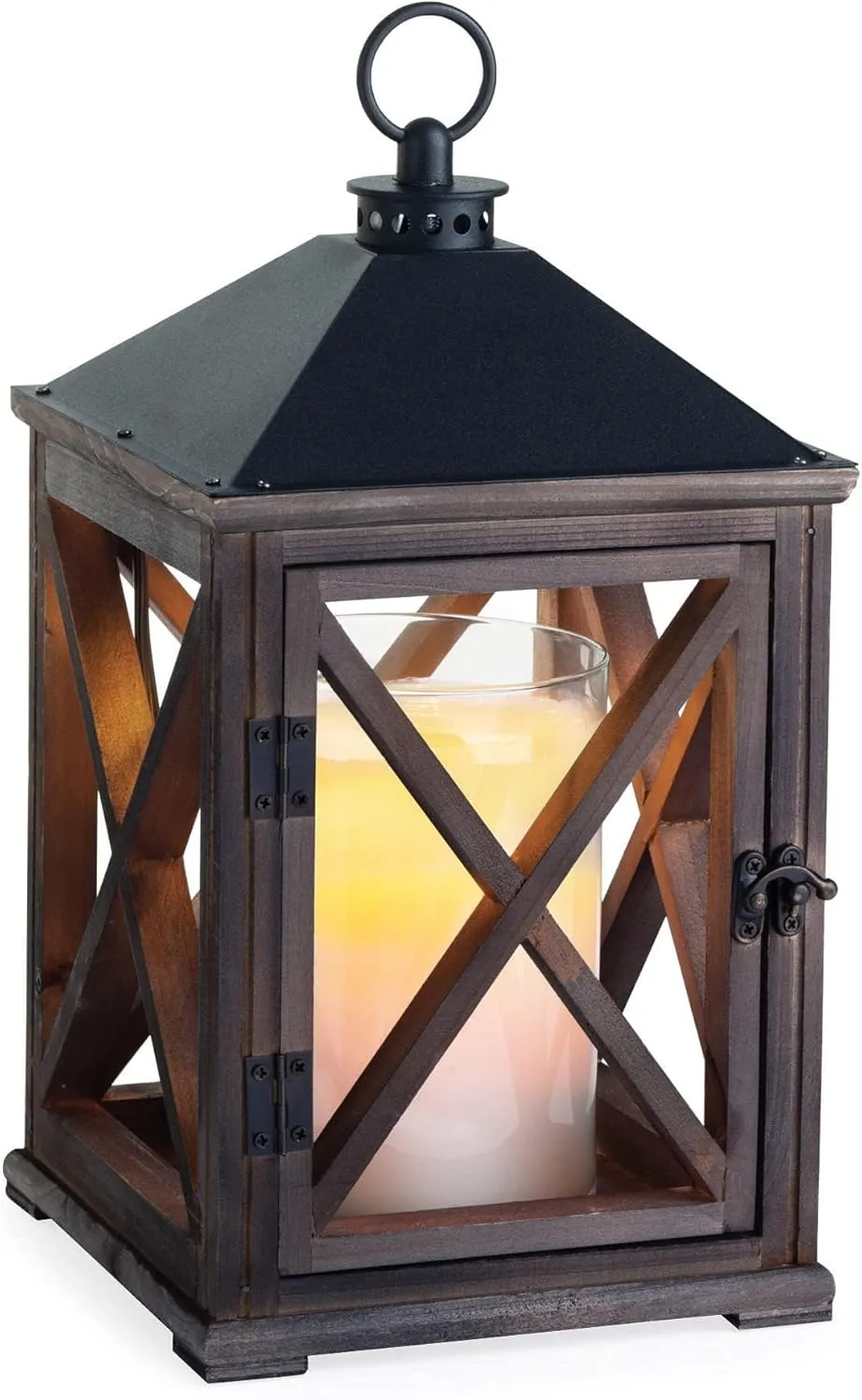 Candle Warmers Etc. Wooden Farmhouse Lantern for Top-Down Candle Melting (Weathered Espresso) – Flame-Free Fragrance in Minutes, Longer-Lasting Candles