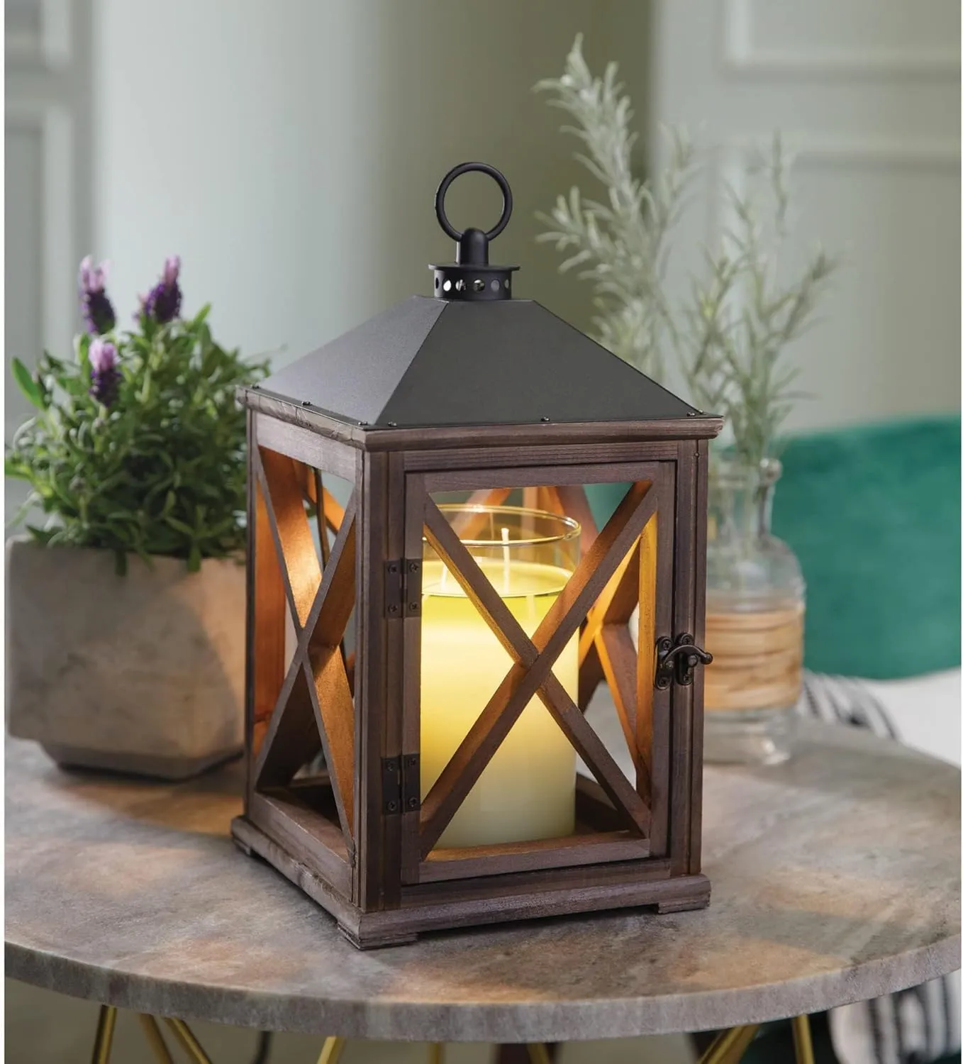 Candle Warmers Etc. Wooden Farmhouse Lantern for Top-Down Candle Melting (Weathered Espresso) – Flame-Free Fragrance in Minutes, Longer-Lasting Candles