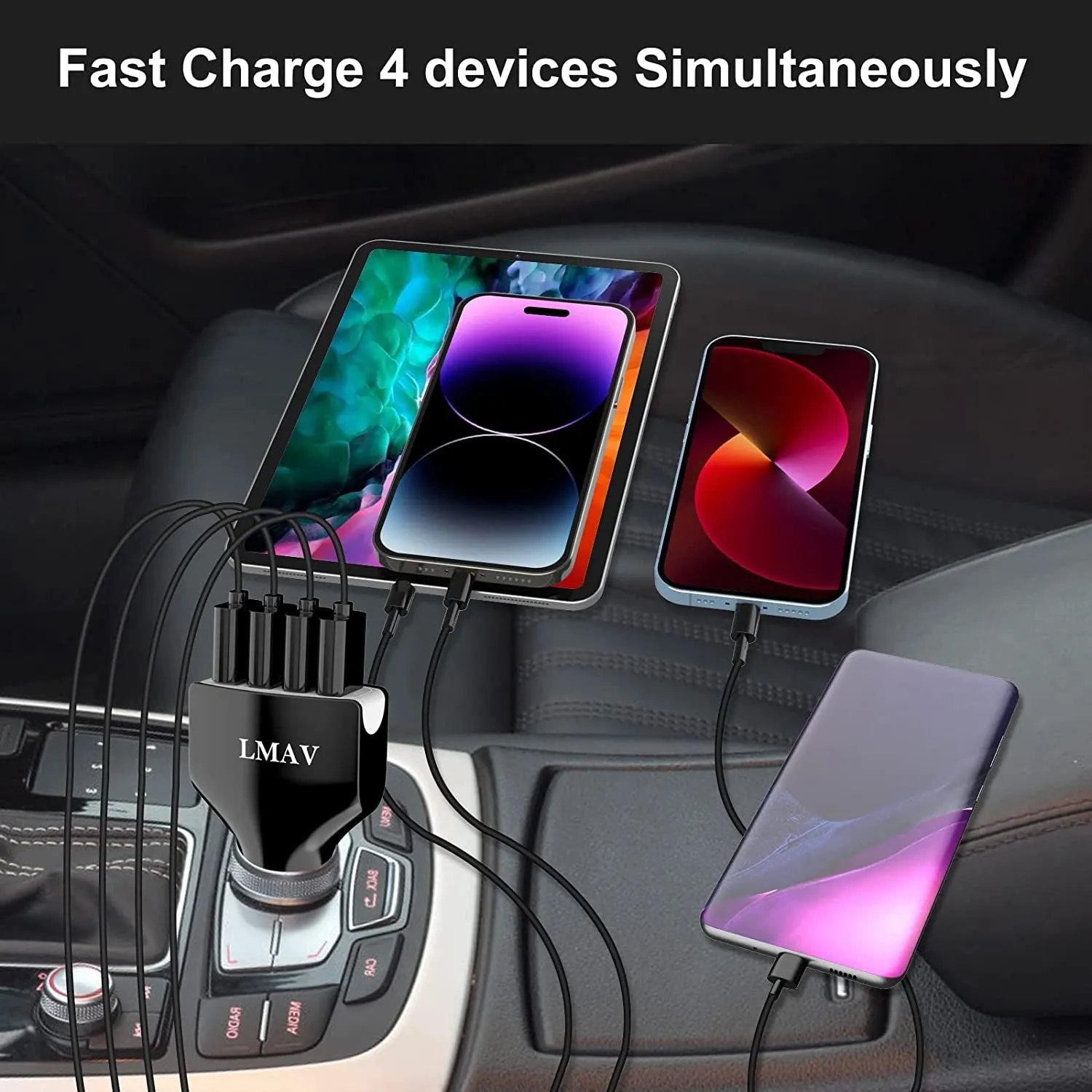 Car Charger Adapter, 4 Ports Multi USB Car Charger, QC 3.0 Fast Car Phone Charger Compatible with All Smartphone.Black