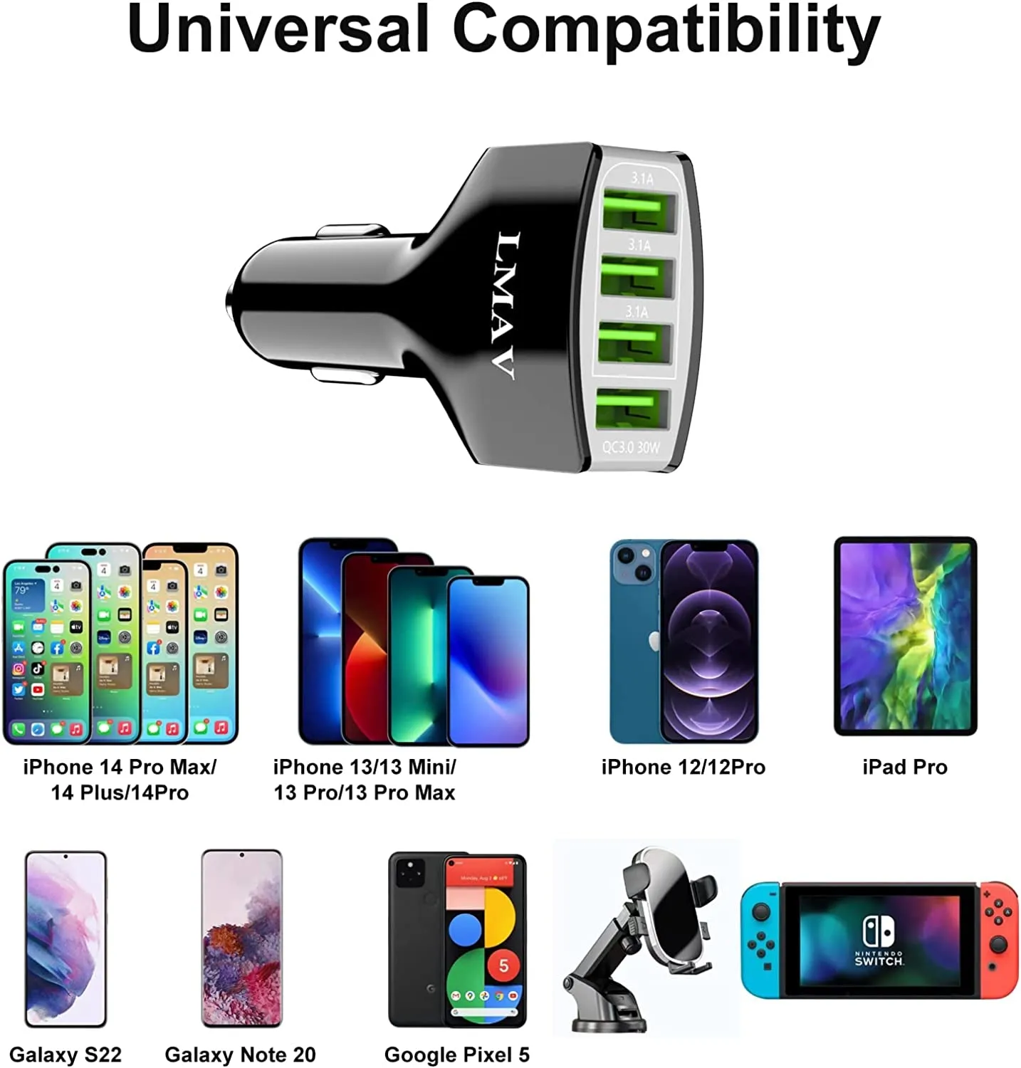 Car Charger Adapter, 4 Ports Multi USB Car Charger, QC 3.0 Fast Car Phone Charger Compatible with All Smartphone.Black
