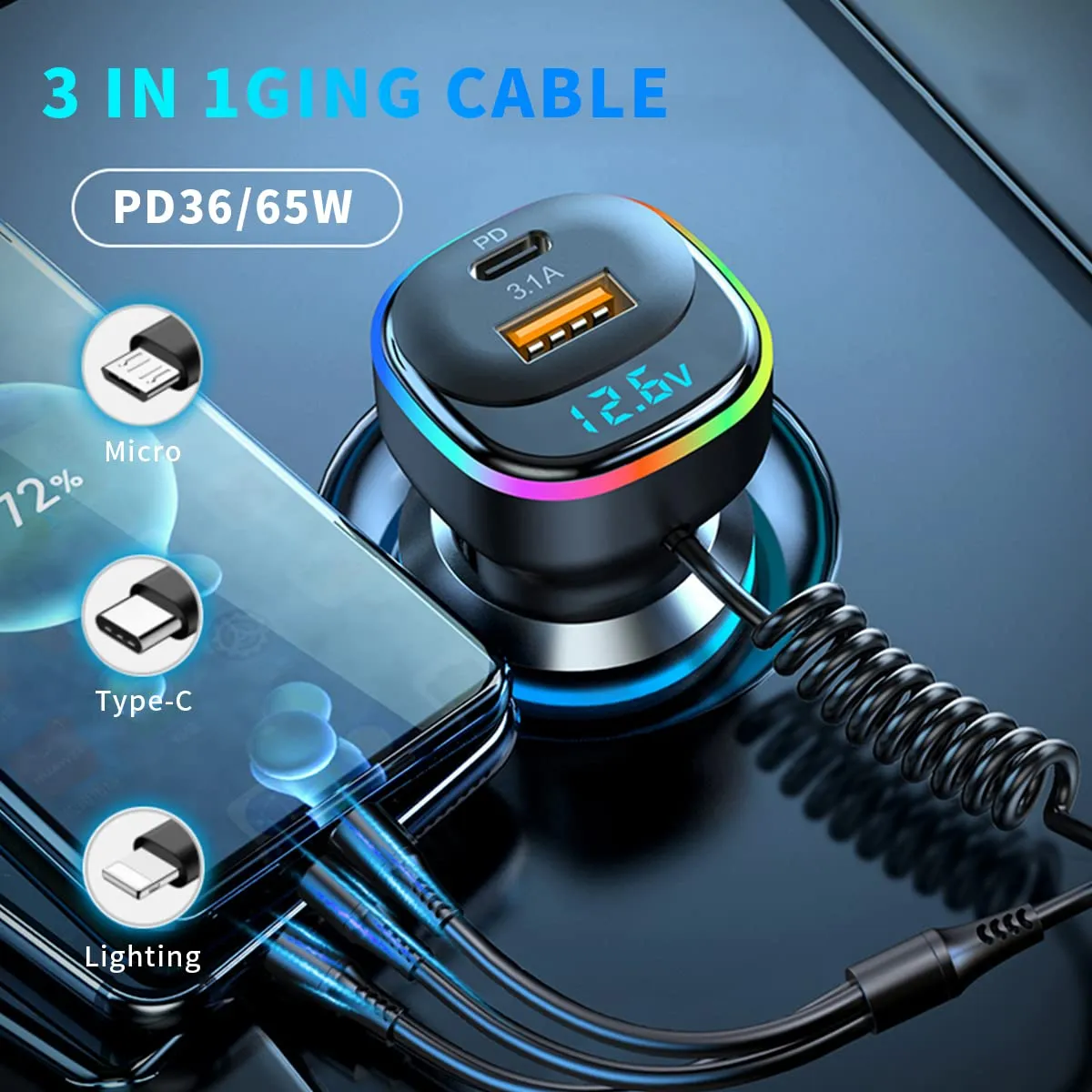 CAR CHARGER WITH 3 CONNECTORS