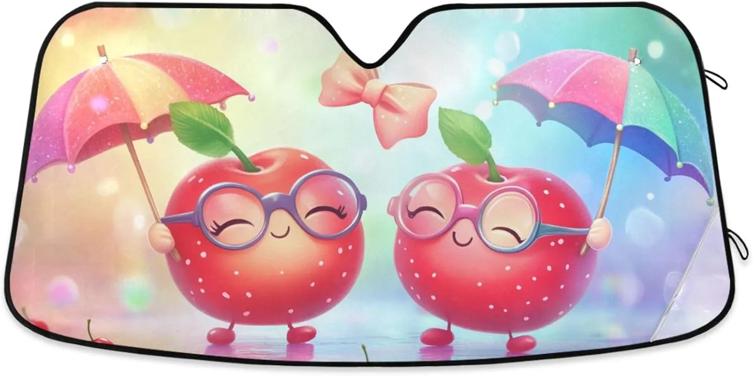 Car Front Windshield Sun Shade Foldable Cherry Buddies Parade Sun Visor Blocks UV Rays for Sedans SUV Trucks Lowers Cabin Temperature, Cool Down The Vehicle 55 x 27.6 Inch