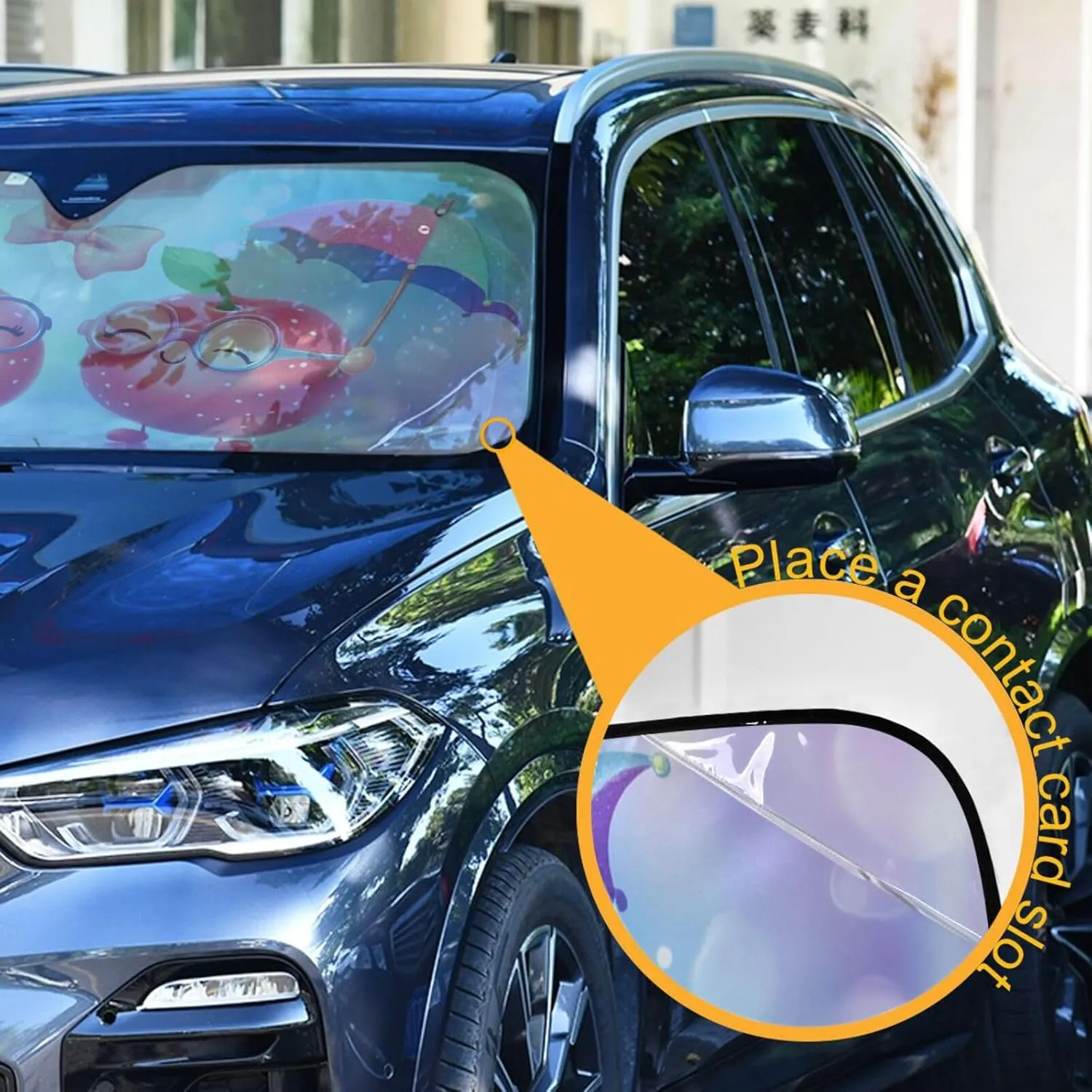 Car Front Windshield Sun Shade Foldable Cherry Buddies Parade Sun Visor Blocks UV Rays for Sedans SUV Trucks Lowers Cabin Temperature, Cool Down The Vehicle 55 x 27.6 Inch