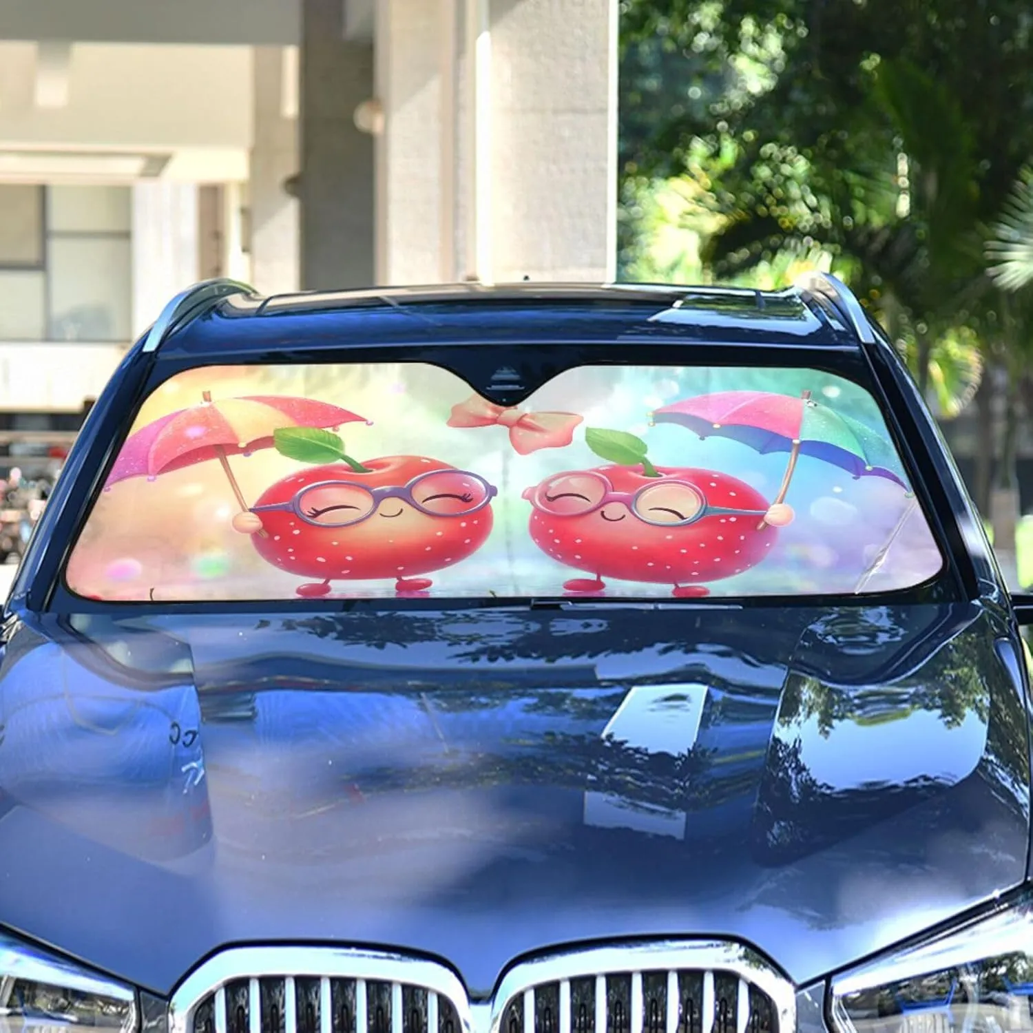 Car Front Windshield Sun Shade Foldable Cherry Buddies Parade Sun Visor Blocks UV Rays for Sedans SUV Trucks Lowers Cabin Temperature, Cool Down The Vehicle 55 x 27.6 Inch