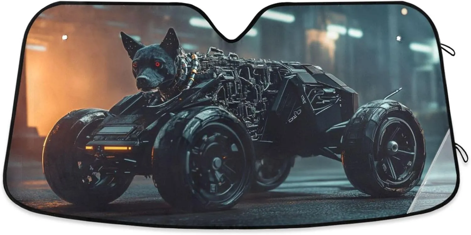 Car Front Windshield Sun Shade Foldable Cyberdog Night Patrol Sun Visor Blocks UV Rays for Sedans SUV Trucks Lowers Cabin Temperature, Cool Down The Vehicle 57 x 31.5 Inch