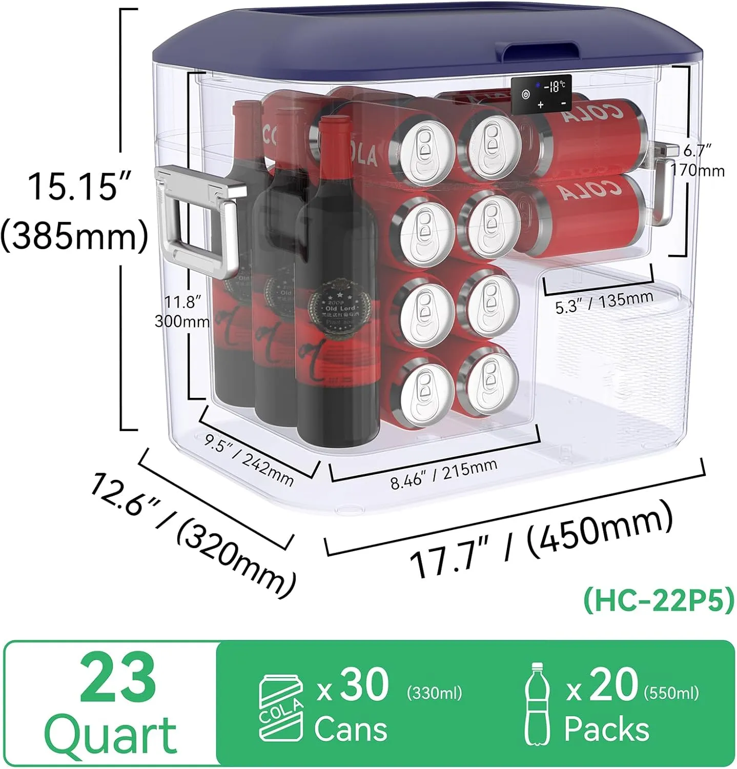 Car Refrigerator Portable Car Fridge 12V Refrigerator 23 Quart (22 Liter) Freezer Compressor Cooler 12V/24V DC 110～240 V AC for Outdoor Camping Travel Home Use -18℃~ 15℃ (Blue)
