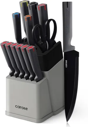 CAROTE 14Pcs Kitchen Knife Set, Stainless Steel knife set with ABS Block, Rustproof Cutlery with Ceramic Surface, 6 Steak Knives