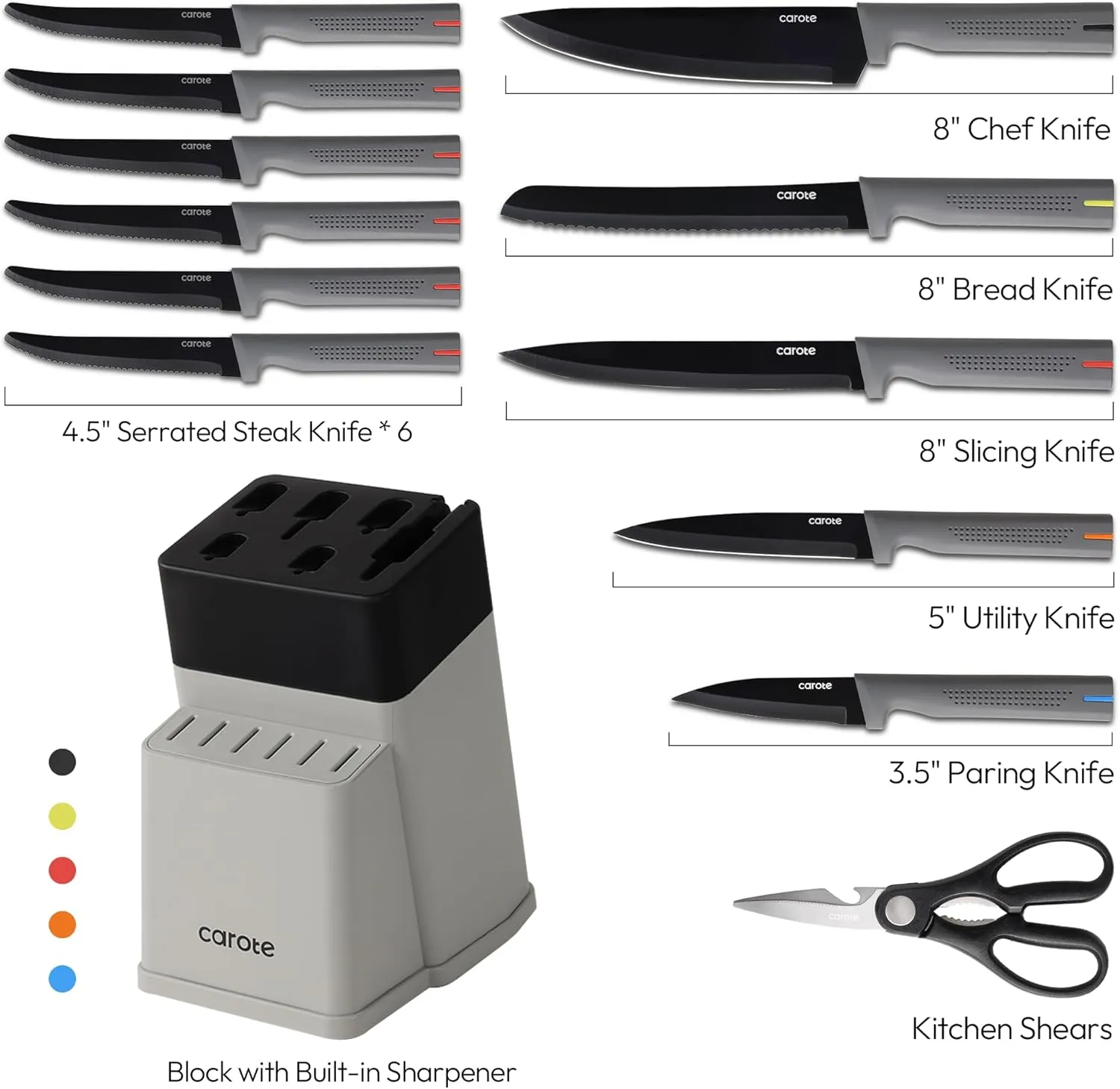 CAROTE 14Pcs Kitchen Knife Set, Stainless Steel knife set with ABS Block, Rustproof Cutlery with Ceramic Surface, 6 Steak Knives