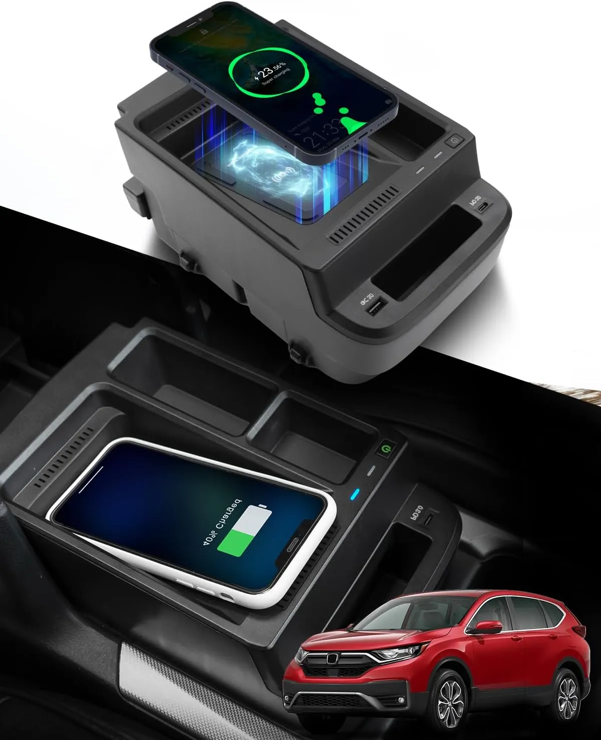 CarQiWireless Wireless Charger & Center Console Organizer for Honda CR-V (2017-2022) – Upgraded Interior Car Accessory with USB Ports, Fast Wireless Charging, and Extra Storage