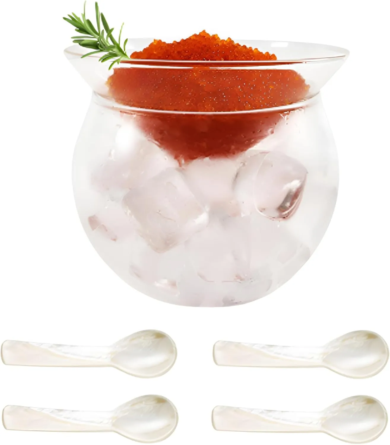 Caviar Server Set Glass Caviar Dish with 3.54 inch Shell Spoons Mother of Pearl Round Handle for Coffee, Martinis, Universal Cocktails, Wine, Egg, Ice Cream (5 Pieces)