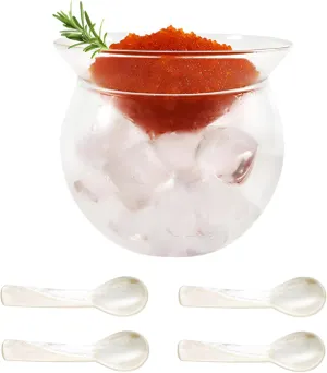 Caviar Server Set Glass Caviar Dish with 3.54 inch Shell Spoons Mother of Pearl Round Handle for Coffee, Martinis, Universal Cocktails, Wine, Egg, Ice Cream (5 Pieces)