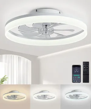 Ceiling Fans with Lights and Remote, 20" Modern Low Profile Ceiling Fan with Light, Stepless Color Temperature Change and 6 Speeds, Flush Mount Ceiling Fans for Bedroom, Kids Room.（White）