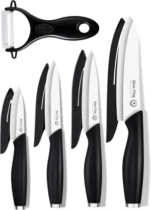 Ceramic Knife Set for Kitchen with Sheath: 100% Zirconia Pure Ceramic Sharp Blade Fruit Cutting Knives 9Pcs with Cover Rustproof Clean Cut Edge Black Handle, No Scratches on Titanium Cutting Boards