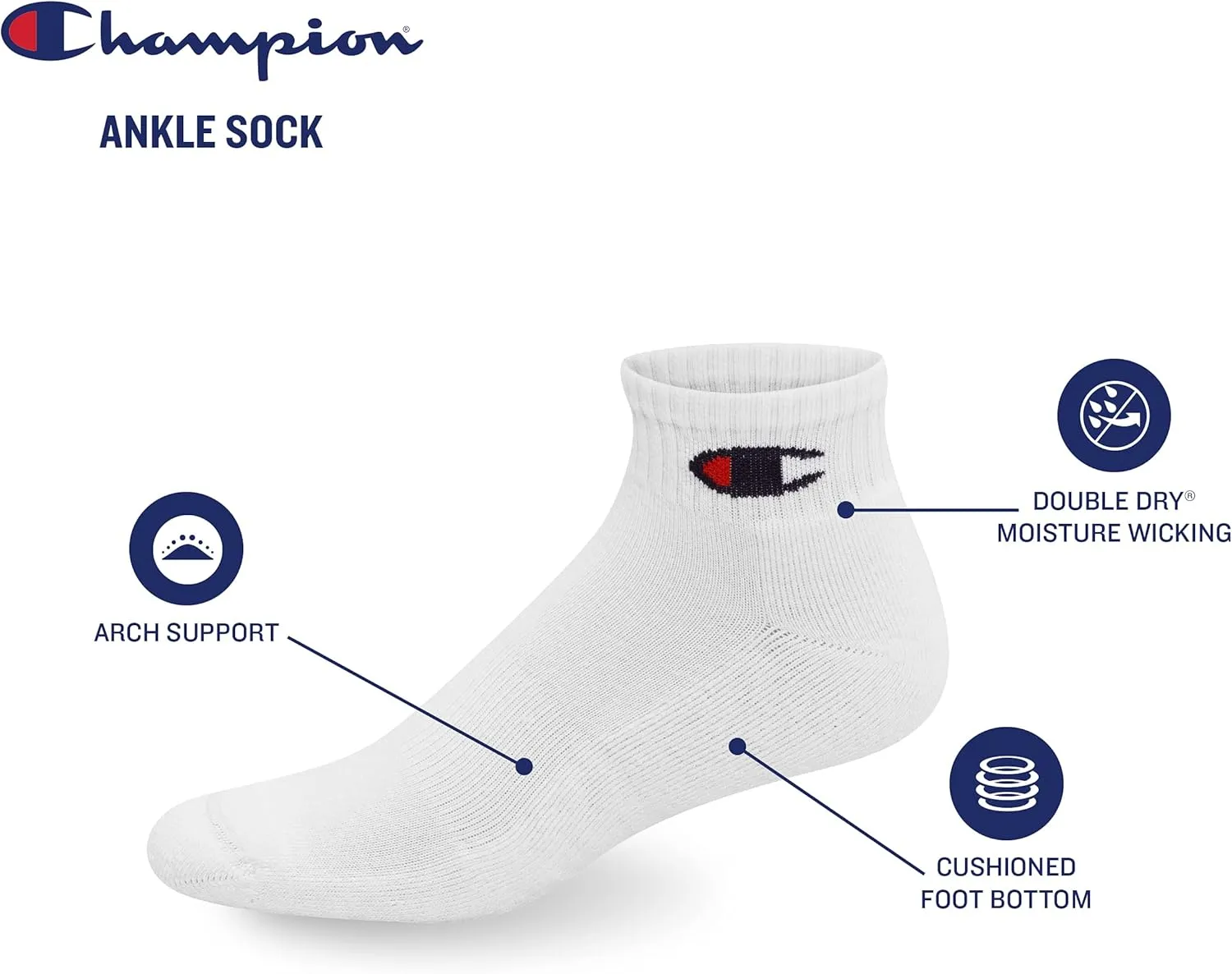 Champion Men's Double Dry Moisture Wicking Ankle Socks; 6, 8, 12 Packs Available