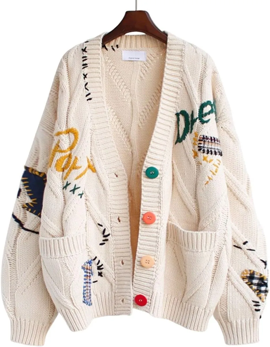 CHARTOU Women Chunky Cable Knit Cardigan Embroidery Button Down Sweater Jacket Knitwear