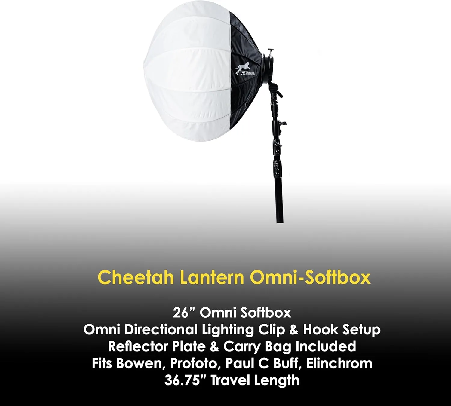 Cheetah Stand Lantern Softbox (Paul C. Buff) w/Clip & Hook Style Softbox - Compatible with Bowens, Profoto, Alienbees, Glow, Elinchrom, Flashpoint Strobes