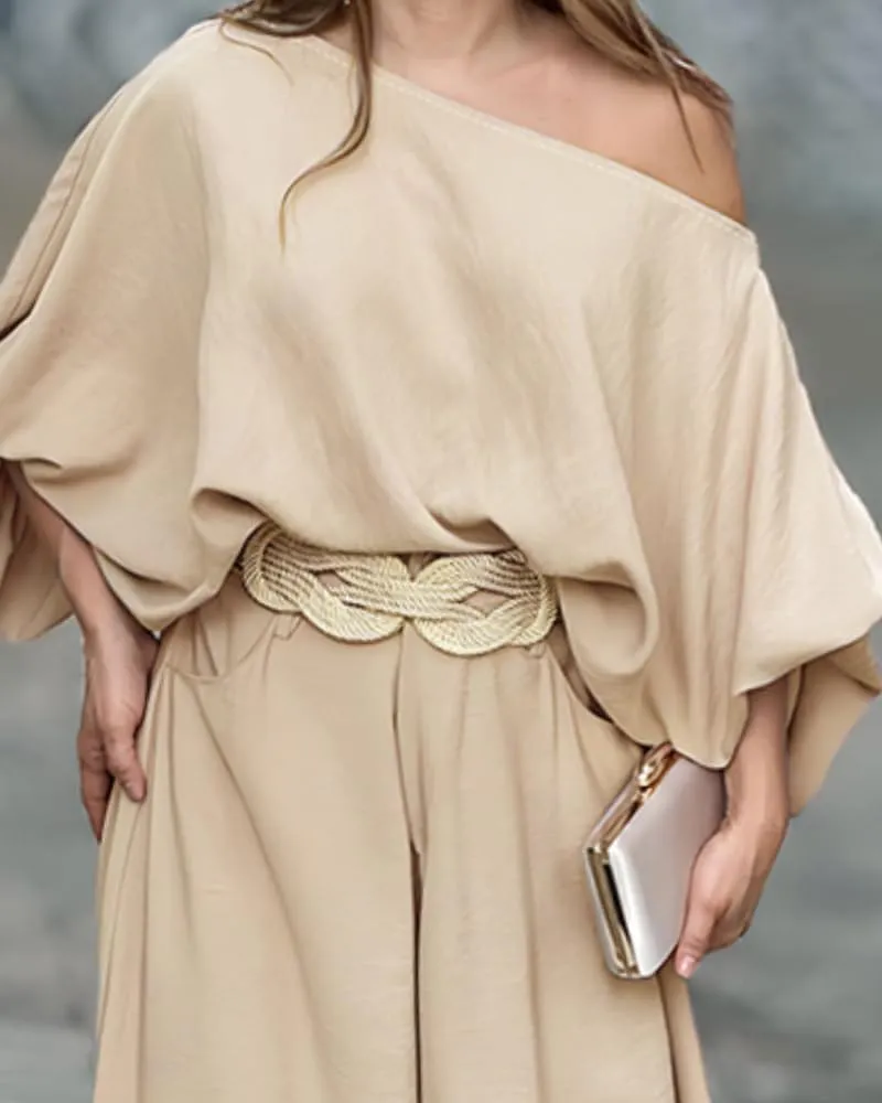 CHICME Women Summer 2 Piece Outfits Off Shoulder Lantern Sleeve Top Flowy Wide Leg Pants Set