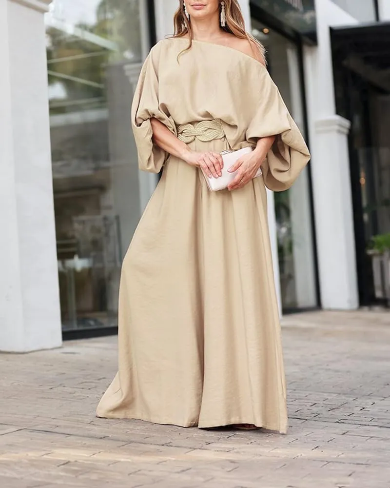 CHICME Women Summer 2 Piece Outfits Off Shoulder Lantern Sleeve Top Flowy Wide Leg Pants Set
