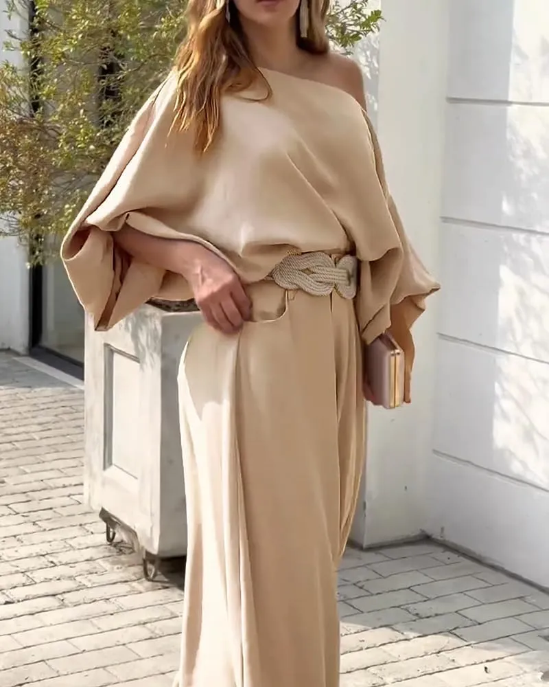 CHICME Women Summer 2 Piece Outfits Off Shoulder Lantern Sleeve Top Flowy Wide Leg Pants Set
