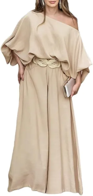 CHICME Women Summer 2 Piece Outfits Off Shoulder Lantern Sleeve Top Flowy Wide Leg Pants Set
