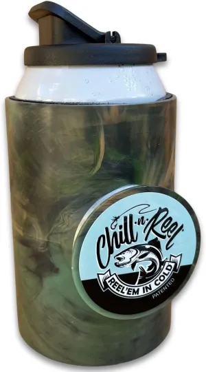 Chill-N-Reel Fishing Can Cooler (from Shark Tank) | Hard Shell Drink Holder with Hand Line Reel Attached | Fits Any Standard Insulator Sleeve or Coozie | Unique Fun Fishing Gift (Camo & Spill Guard)