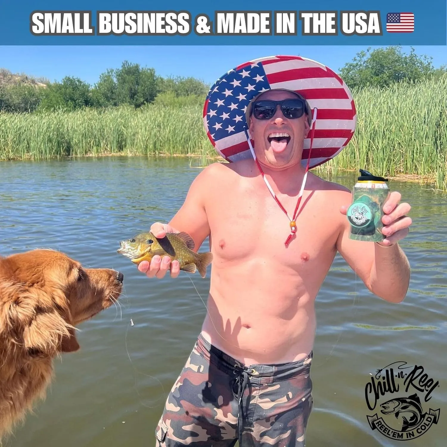 Chill-N-Reel Fishing Can Cooler (from Shark Tank) | Hard Shell Drink Holder with Hand Line Reel Attached | Fits Any Standard Insulator Sleeve or Coozie | Unique Fun Fishing Gift (Camo & Spill Guard)