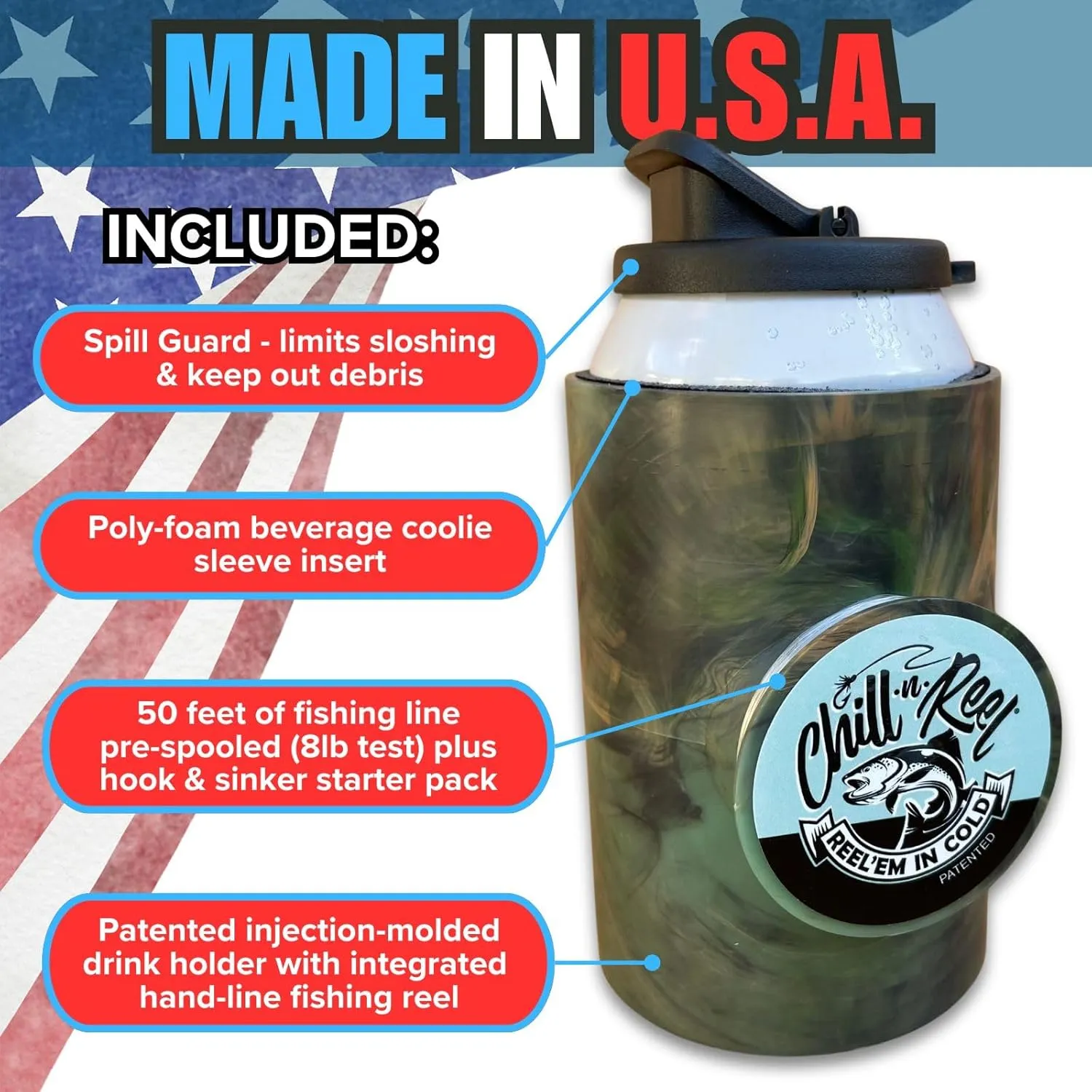 Chill-N-Reel Fishing Can Cooler (from Shark Tank) | Hard Shell Drink Holder with Hand Line Reel Attached | Fits Any Standard Insulator Sleeve or Coozie | Unique Fun Fishing Gift (Camo & Spill Guard)