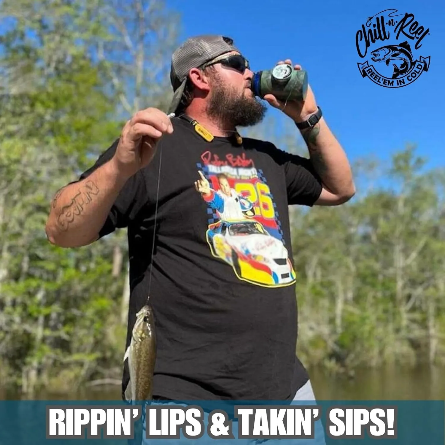 Chill-N-Reel Fishing Can Cooler (from Shark Tank) | Hard Shell Drink Holder with Hand Line Reel Attached | Fits Any Standard Insulator Sleeve or Coozie | Unique Fun Fishing Gift (Camo & Spill Guard)