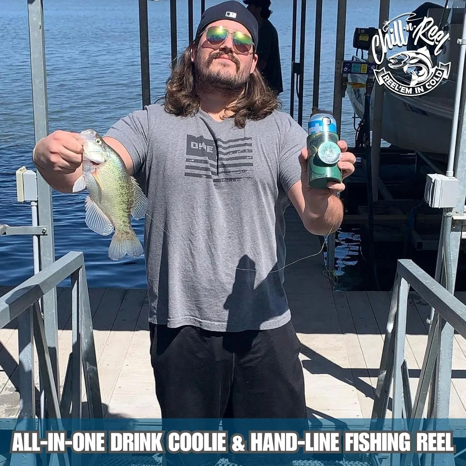 Chill-N-Reel Fishing Can Cooler (from Shark Tank) | Hard Shell Drink Holder with Hand Line Reel Attached | Fits Any Standard Insulator Sleeve or Coozie | Unique Fun Fishing Gift (Camo & Spill Guard)