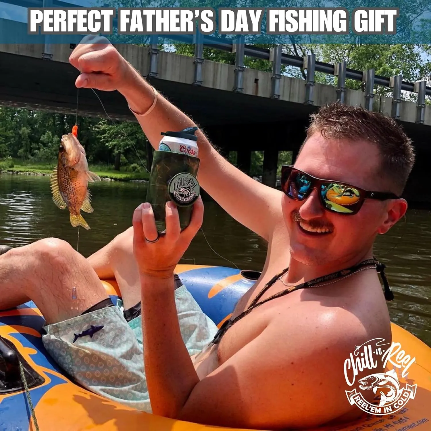 Chill-N-Reel Fishing Can Cooler (from Shark Tank) | Hard Shell Drink Holder with Hand Line Reel Attached | Fits Any Standard Insulator Sleeve or Coozie | Unique Fun Fishing Gift (Camo & Spill Guard)