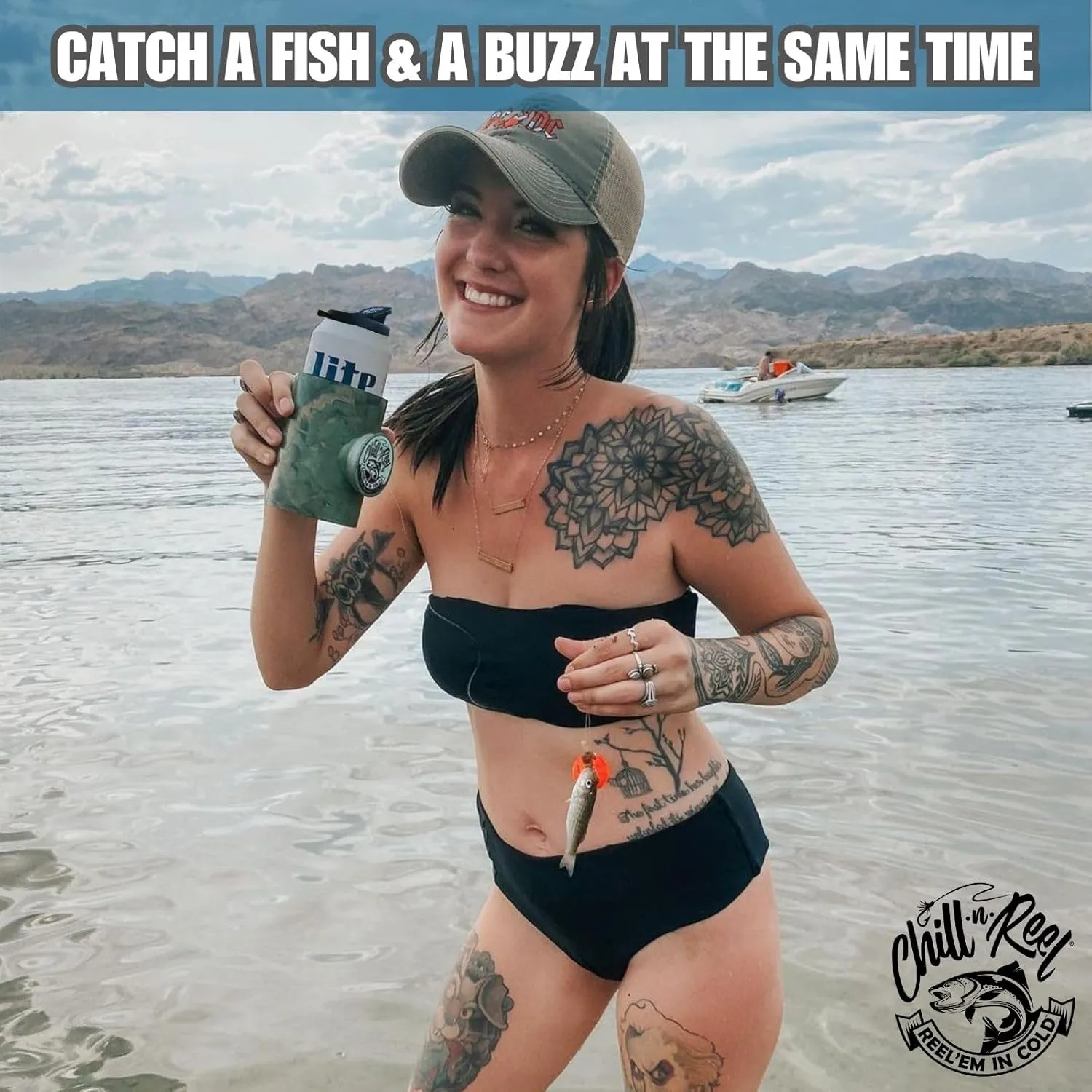 Chill-N-Reel Fishing Can Cooler (from Shark Tank) | Hard Shell Drink Holder with Hand Line Reel Attached | Fits Any Standard Insulator Sleeve or Coozie | Unique Fun Fishing Gift (Camo & Spill Guard)