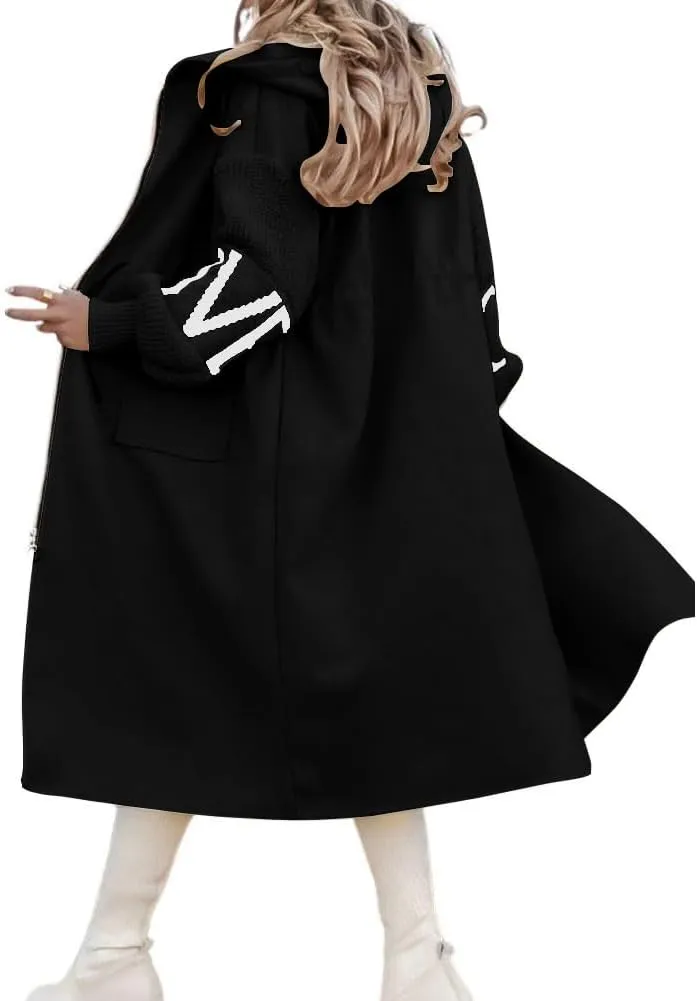 chouyatou Women's Casual Knitted Sleeve Wool Trench Coat Zip Up Hooded Wool Blend Overcoat with Pockets