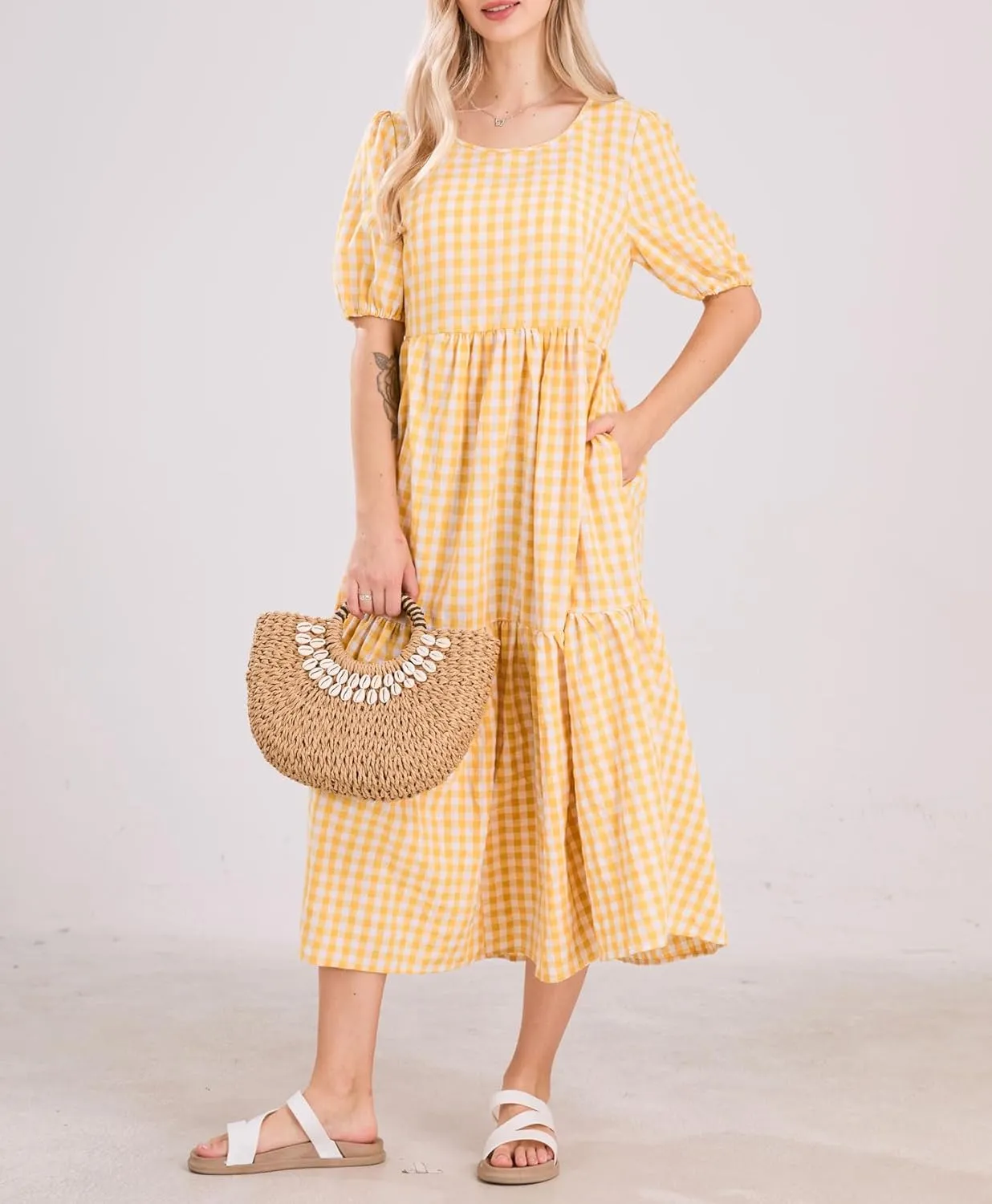 chouyatou Women's Retro Lantern Puff Sleeve Plaid Dress Gingham Swing Tiered Midi Long Dress