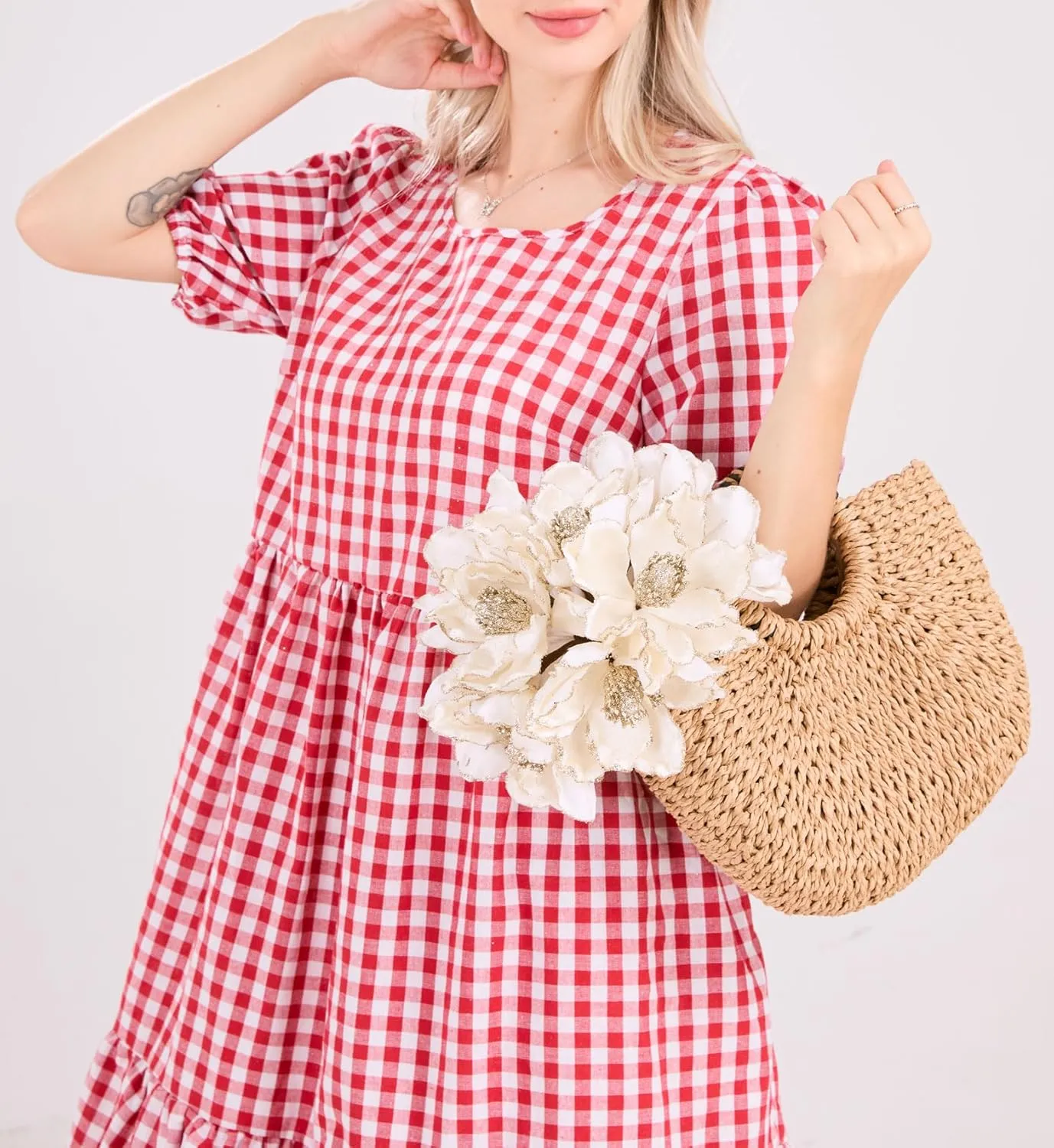 chouyatou Women's Retro Lantern Puff Sleeve Plaid Dress Gingham Swing Tiered Midi Long Dress