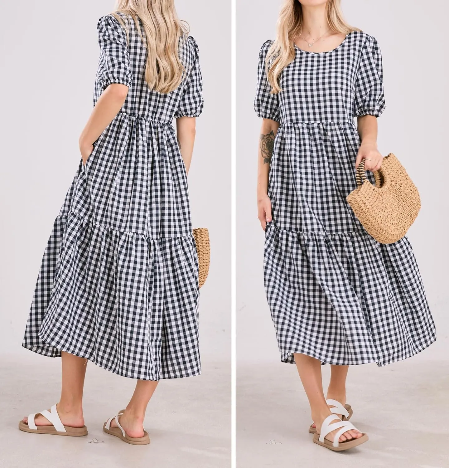 chouyatou Women's Retro Lantern Puff Sleeve Plaid Dress Gingham Swing Tiered Midi Long Dress
