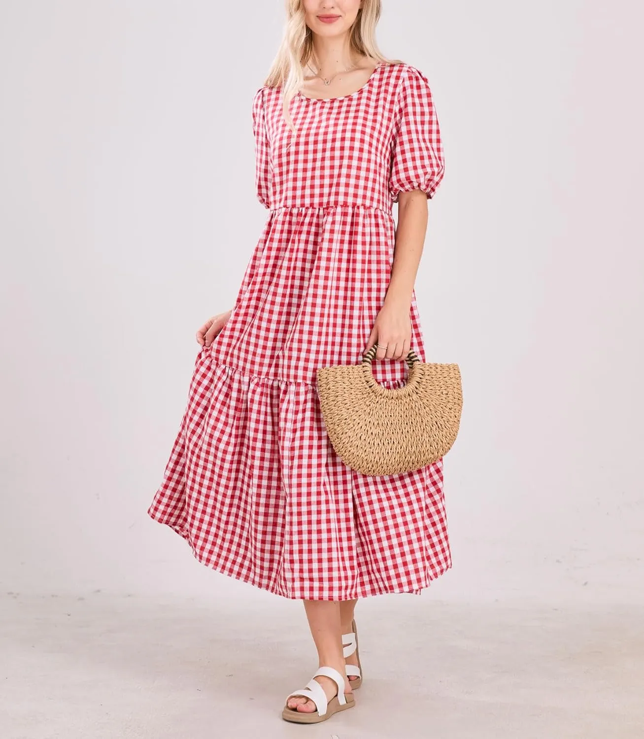 chouyatou Women's Retro Lantern Puff Sleeve Plaid Dress Gingham Swing Tiered Midi Long Dress