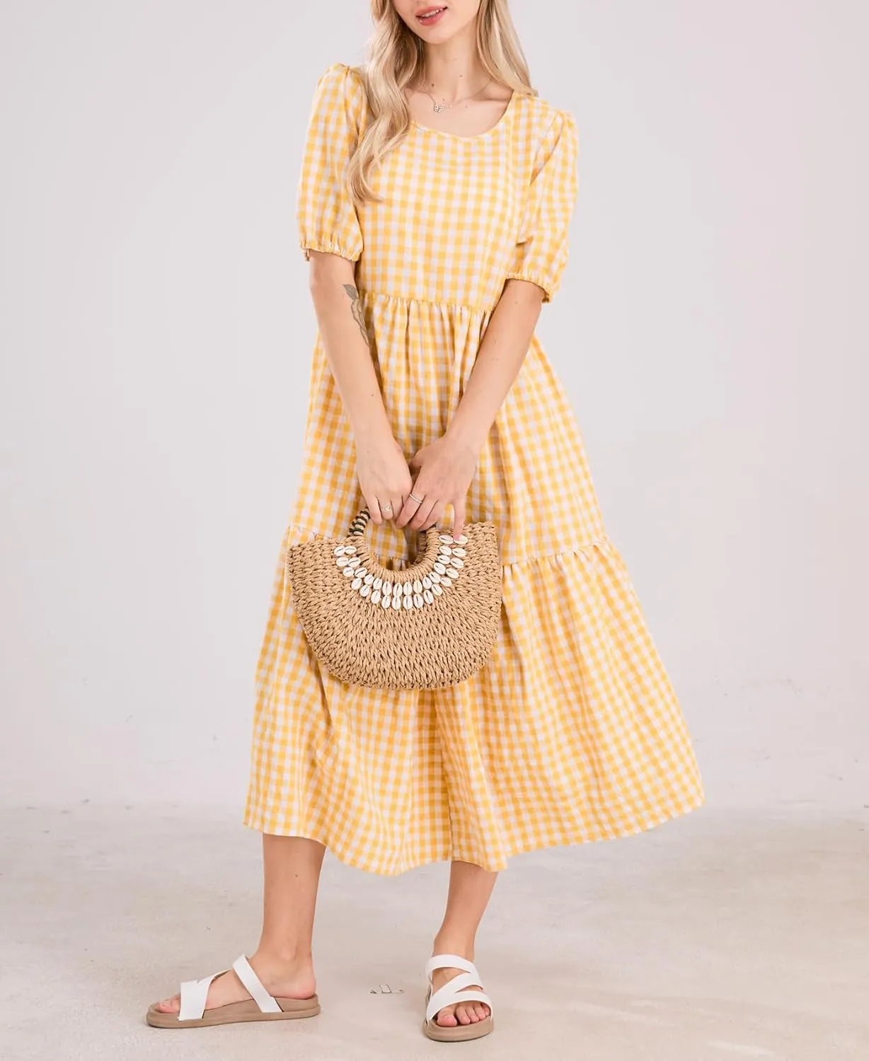 chouyatou Women's Retro Lantern Puff Sleeve Plaid Dress Gingham Swing Tiered Midi Long Dress