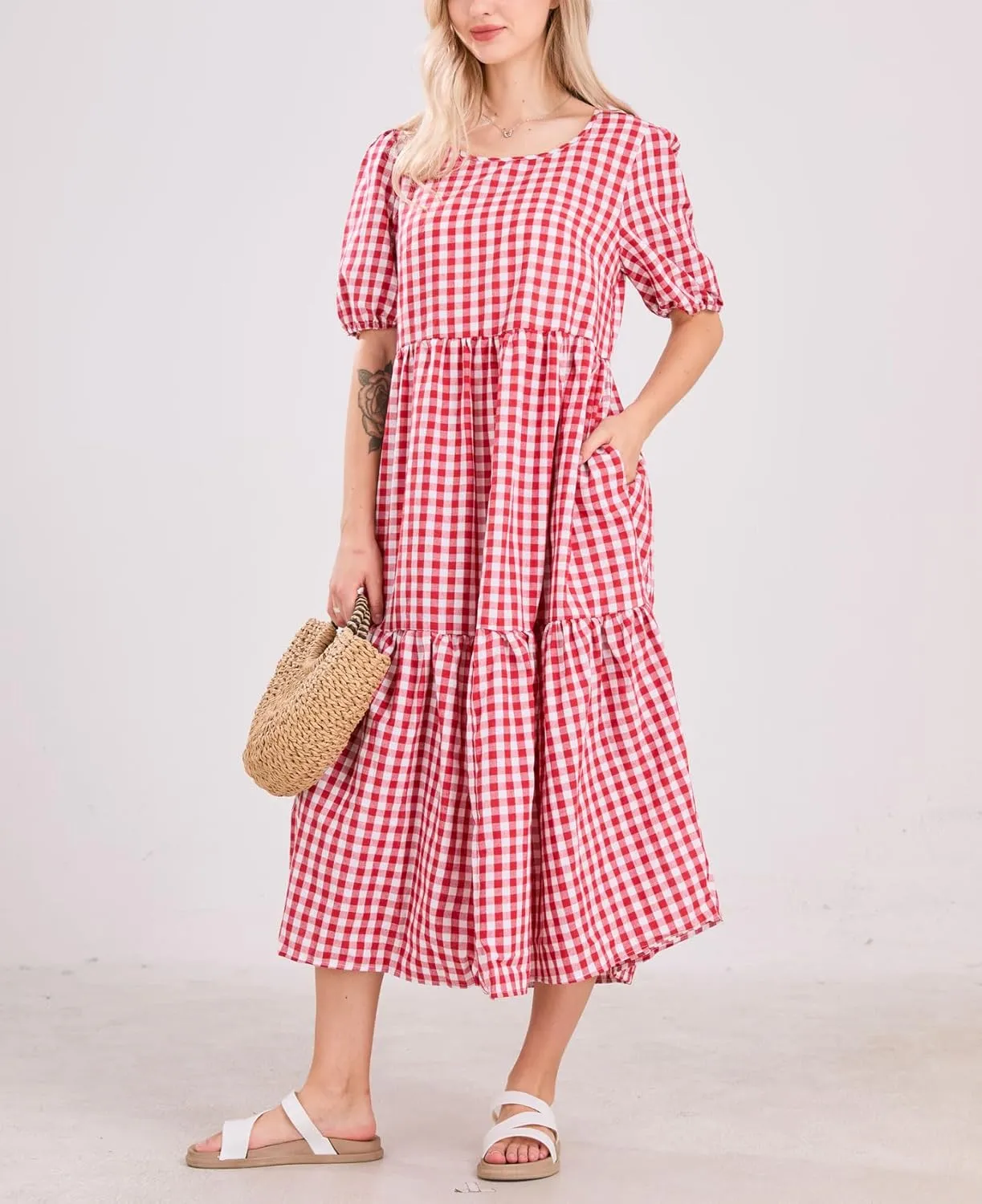 chouyatou Women's Retro Lantern Puff Sleeve Plaid Dress Gingham Swing Tiered Midi Long Dress