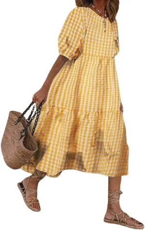 chouyatou Women's Retro Lantern Puff Sleeve Plaid Dress Gingham Swing Tiered Midi Long Dress