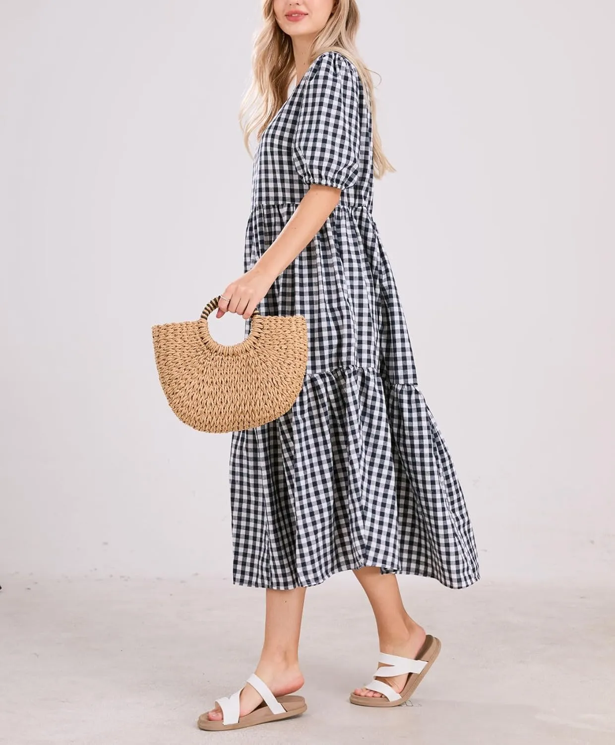 chouyatou Women's Retro Lantern Puff Sleeve Plaid Dress Gingham Swing Tiered Midi Long Dress