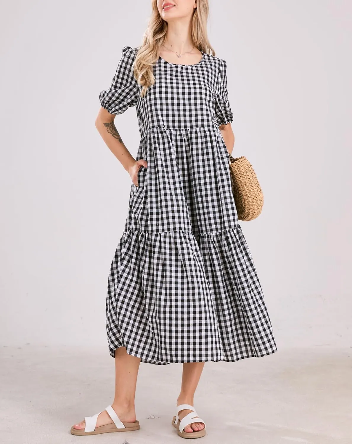 chouyatou Women's Retro Lantern Puff Sleeve Plaid Dress Gingham Swing Tiered Midi Long Dress