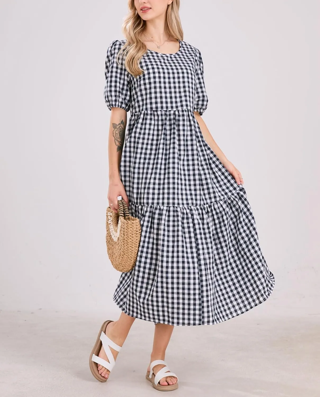 chouyatou Women's Retro Lantern Puff Sleeve Plaid Dress Gingham Swing Tiered Midi Long Dress