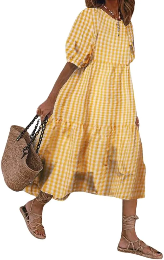 chouyatou Women's Retro Lantern Puff Sleeve Plaid Dress Gingham Swing Tiered Midi Long Dress